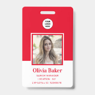 Modern Red Photo Barcode Business Logo Namee ID Badge