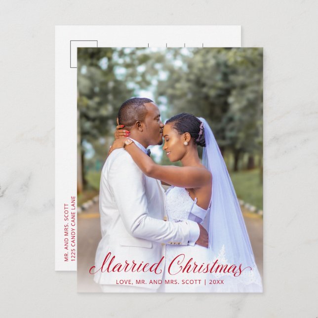 Modern Red Photo Elegant Newlywed Christmas Holiday Postcard (Front/Back)