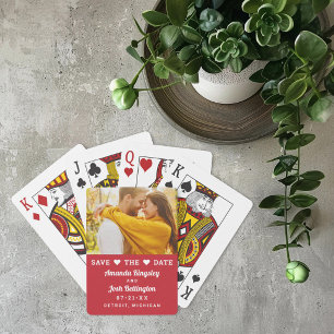 Modern Red Photo Heart Save the Date Playing Cards