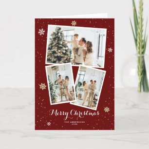 Modern Red Photo Snowflakes Stars Merry Christmas Holiday Card