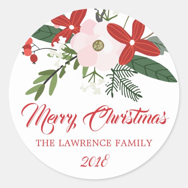Modern Red Pink Floral Merry Christmas Classic Round Sticker (Front)