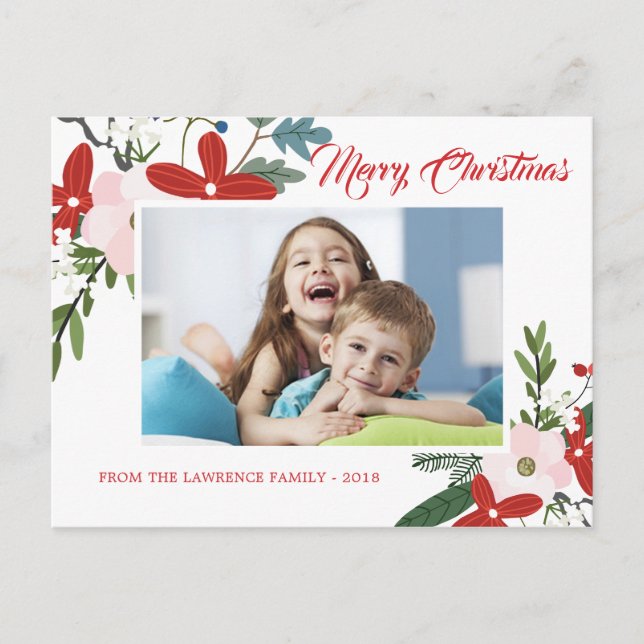 Modern Red Pink Floral Merry Christmas Photo Card (Front)