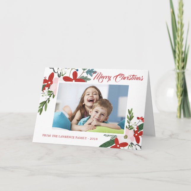 Modern Red Pink Floral Merry Christmas Photo Card (Front)