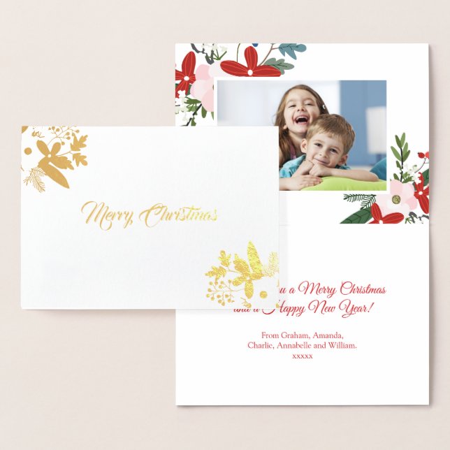 Modern Red Pink Floral Merry Christmas Photo Card (Display)