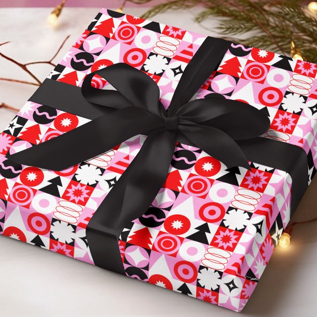 Modern Red Pink Geometric Christmas Pattern Wrapping Paper (Creator Uploaded)