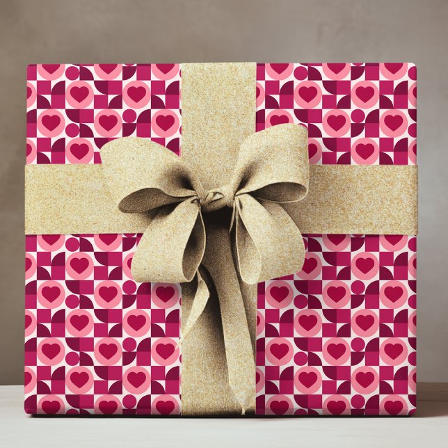 Modern Red Pink Geometric Love Heart Pattern Wrapping Paper (Creator Uploaded)