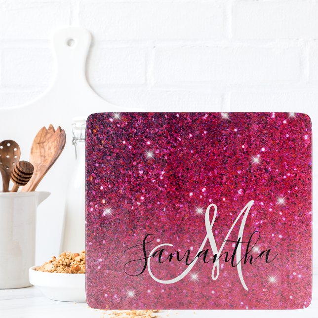 Modern Red & Pink Glitter Sparkles Name Cutting Board (Creator Uploaded)