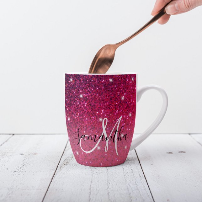 Modern Red & Pink Glitter Sparkles Name Latte Mug (Creator Uploaded)
