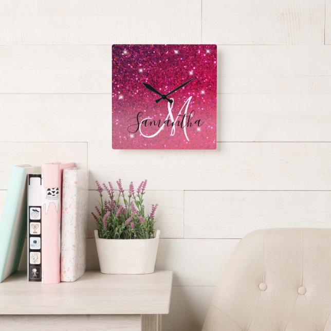 Modern Red & Pink Glitter Sparkles Name Square Wall Clock (Reading Room)