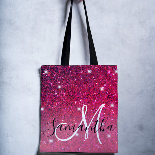 Modern Red & Pink Glitter Sparkles Name Tote Bag