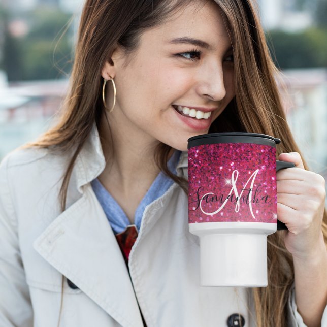 Modern Red & Pink Glitter Sparkles Name Travel Mug (Creator Uploaded)