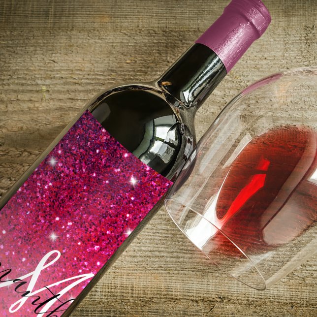 Modern Red & Pink Glitter Sparkles Name Wine Label (Creator Uploaded)