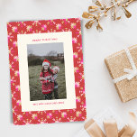 Modern Red Pink Gold Geometric Snowflakes Photo Holiday Card<br><div class="desc">Celebrate the season with this Modern Red, Pink, and Gold Geometric Snowflakes Photo Holiday Card. Featuring bold geometric snowflakes in a striking red, pink, and gold colour palette, this card adds a contemporary twist to your holiday greetings. Personalise it with your favourite photo and a warm message to make your...</div>