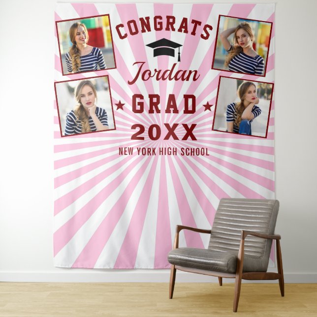 Modern Red Pink Graduation 4 Photo Booth Backdrop Tapestry (In Situ)