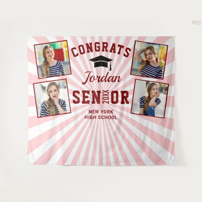 Modern Red Pink Graduation Photo Booth Backdrop Tapestry (Front (Horizontal))