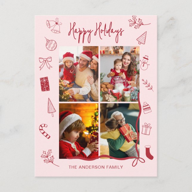 Modern Red Pink Holiday Family Collage Postcard (Front)