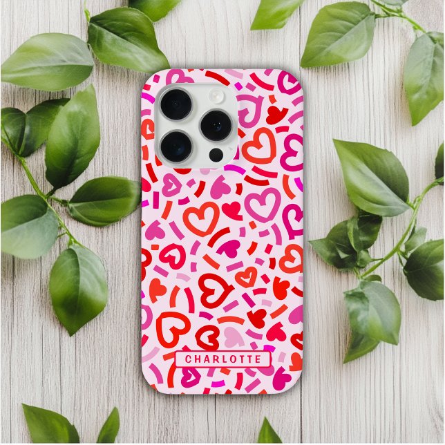 Modern Red Pink Purple Romantic Love Heart Pattern Case-Mate iPhone Case (Creator Uploaded)