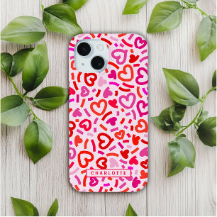Modern Red Pink Purple Romantic Love Heart Pattern iPhone 15 Case