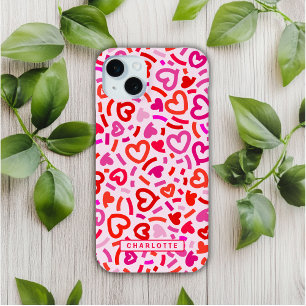 Modern Red Pink Purple Romantic Love Heart Pattern iPhone 15 Plus Case