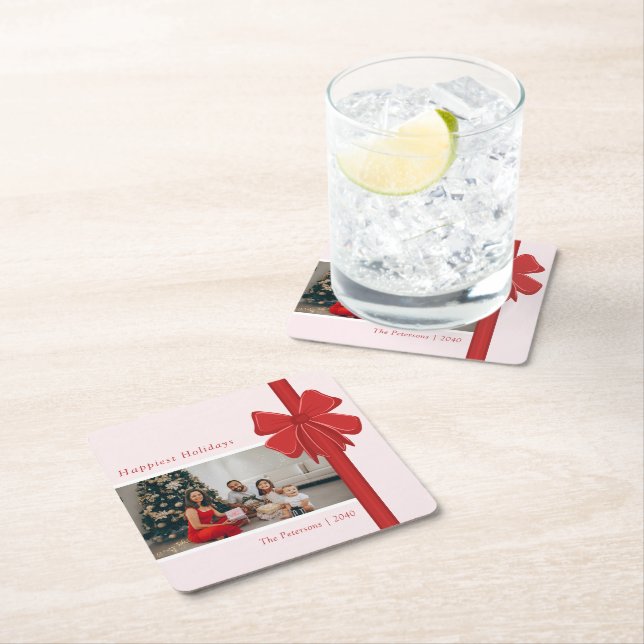 Modern Red & Pink Ribbon Bow Wrap Photo Christmas Square Paper Coaster (Insitu)