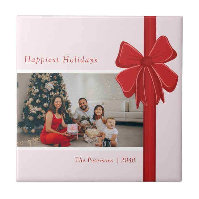 Modern Red & Pink Ribbon Bow Wrap Photo Christmas Tile (Front)