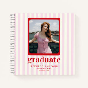 Modern Red & Pink Stripes Photo Graduation Guest Notebook