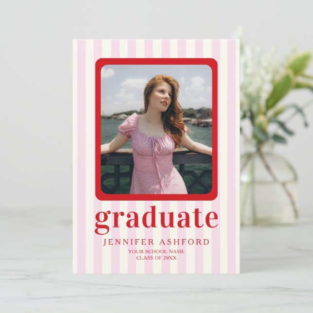 Modern Red & Pink Stripes Photo Graduation Party Invitation (Standing Front)