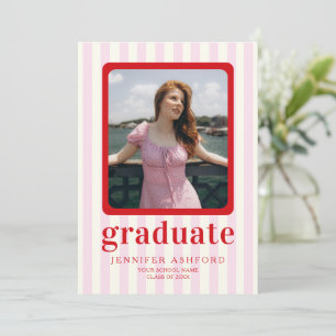 Modern Red & Pink Stripes Photo Graduation Party Invitation