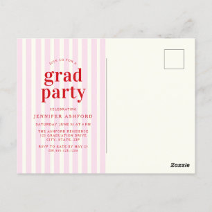 Modern Red & Pink Stripes Photo Graduation Party Postcard