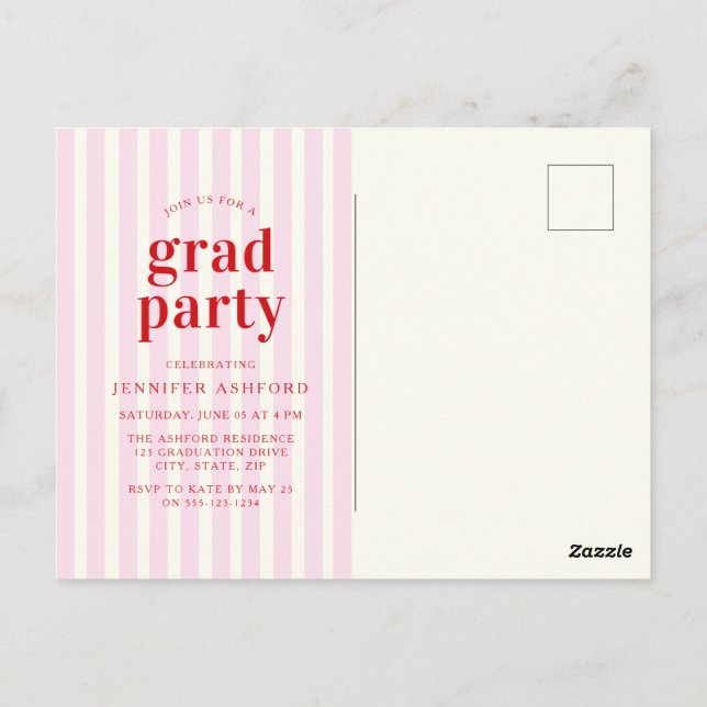 Modern Red & Pink Stripes Photo Graduation Party Postcard (Back)