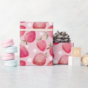 Modern red & Pink Watercolor Stawberry pattern Wrapping Paper