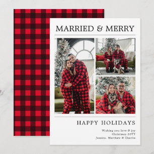 Modern Red Plaid 3 Photo Collage Married and Merry Holiday Card