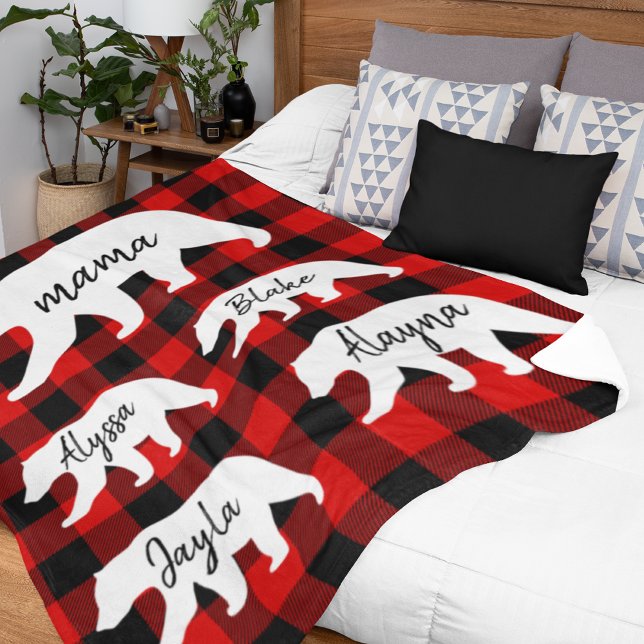 Modern Red Plaid And White Mama Bear Fleece Blanket (Creator Uploaded)