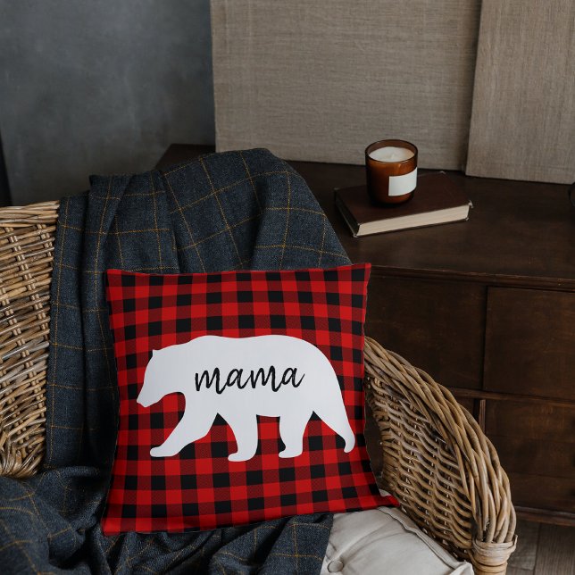 Modern Red Plaid And White Mama Bear Gift Cushion (Creator Uploaded)