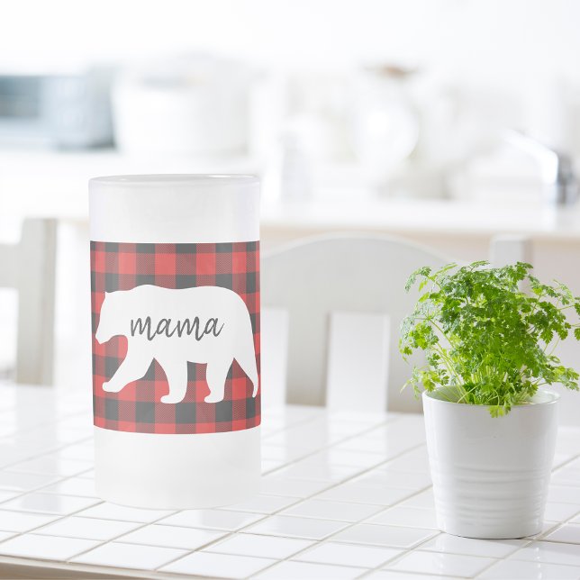 Modern Red Plaid And White Mama Bear Gift Frosted Glass Beer Mug (Creator Uploaded)