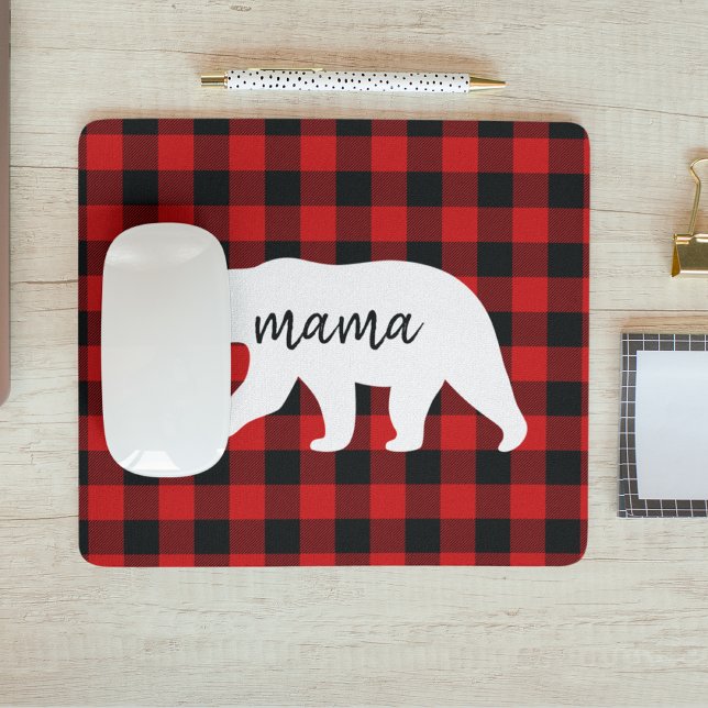 Modern Red Plaid And White Mama Bear Gift Mouse Pad (Creator Uploaded)