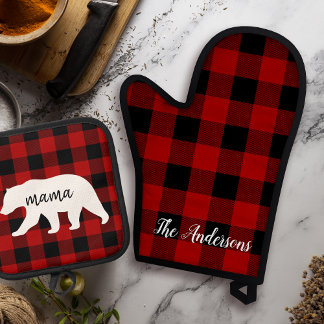Modern Red Plaid And White Mama Bear Gift Oven Mitt & Pot Holder Set