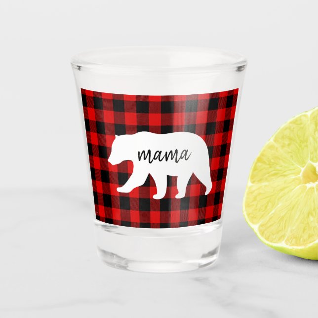Modern Red Plaid And White Mama Bear Gift Shot Glass (Front)
