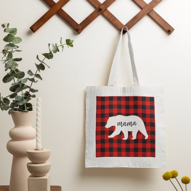 Modern Red Plaid And White Mama Bear Gift Tote Bag (Creator Uploaded)