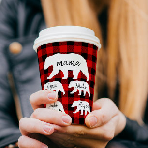 Modern Red Plaid And White Mama Bear Paper Cups