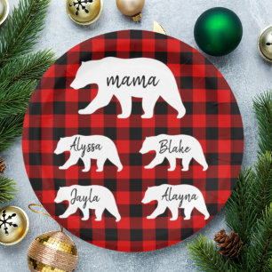 Modern Red Plaid And White Mama Bear Paper Plate