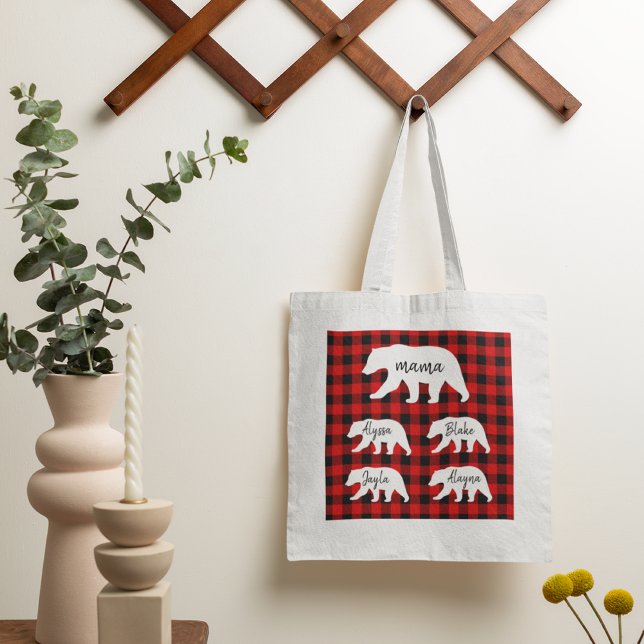 Modern Red Plaid And White Mama Bear Tote Bag (Creator Uploaded)