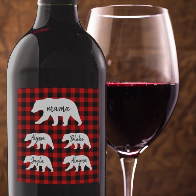 Modern Red Plaid And White Mama Bear Wine Label (Creator Uploaded)