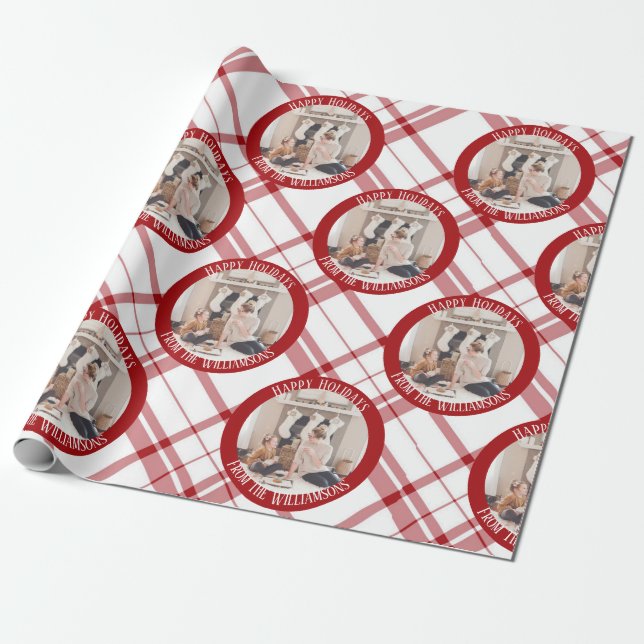 Modern Red Plaid Christmas Custom Family Photo Wrapping Paper (Unrolled)