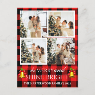  Modern Red Plaid Christmas Family Photo Collage Holiday Postcard