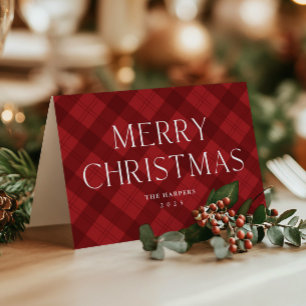 Modern Red Plaid Elegant Merry Christmas Folded Holiday Card