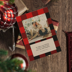 Modern Red Plaid Happy Holiday   Family Photo