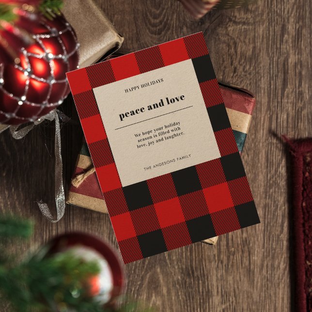 Modern Red Plaid Happy Holiday | Peace And Love (Creator Uploaded)