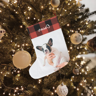 Modern Red Plaid & Name Large Christmas Stocking