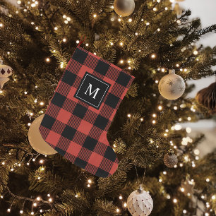 Modern Red Plaid & Name Large Christmas Stocking